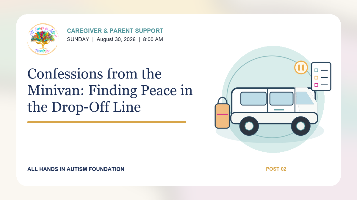 Watercolor minivan at sunrise with backpacks, a visual schedule, and a pause symbol representing a peaceful reset after school drop-off.
