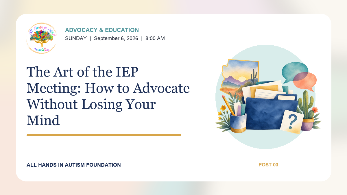 Watercolor illustration of an IEP folder, pencil, question card, and Arizona outline representing prepared parent advocacy.